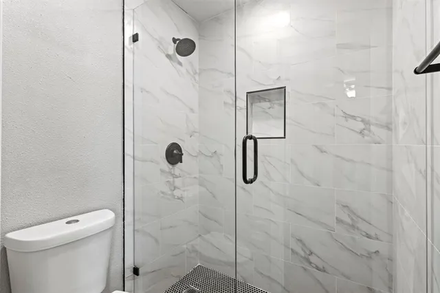 a bathroom with a shower and toilet