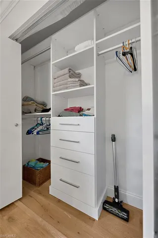 a view of a closet with storage