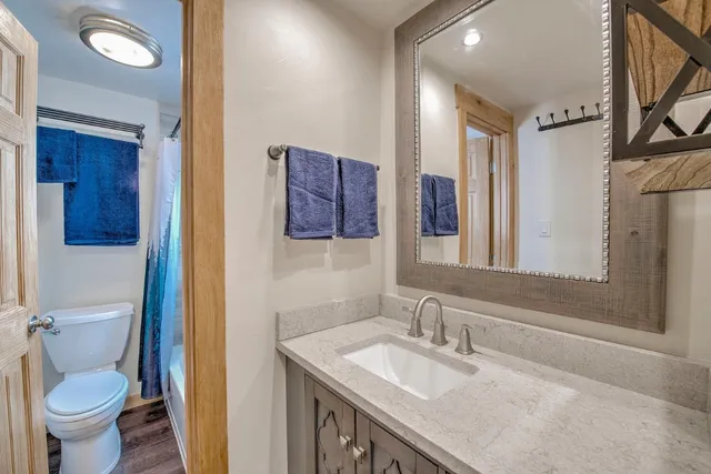 a bathroom with a granite countertop sink a toilet and a mirror