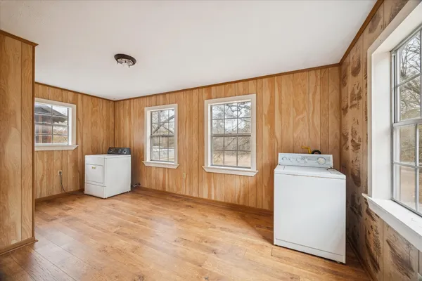 a room with a window and storage