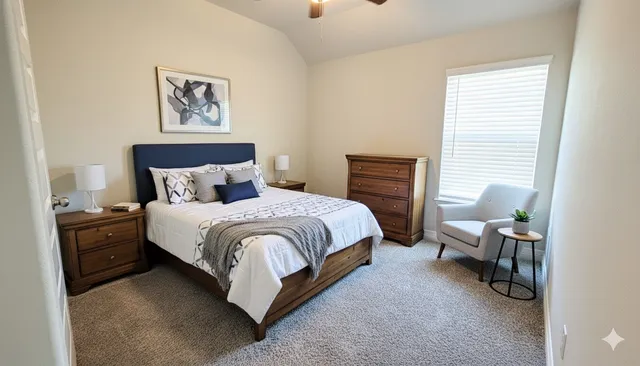 a bedroom with a bed and a painting on the wall