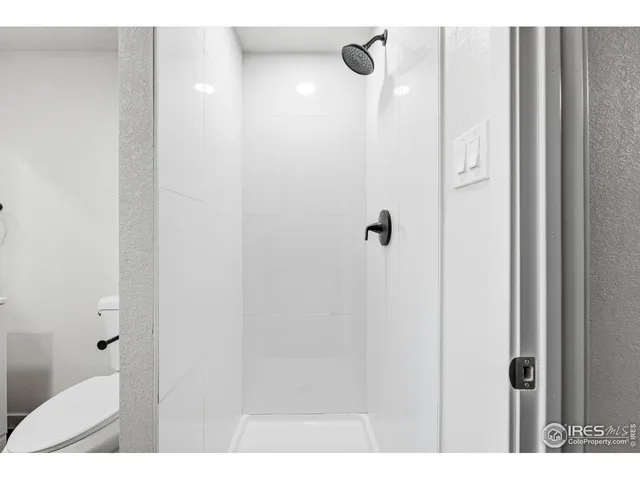 a bathroom with a shower and a toilet