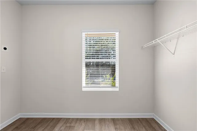 a view of a small space with a window