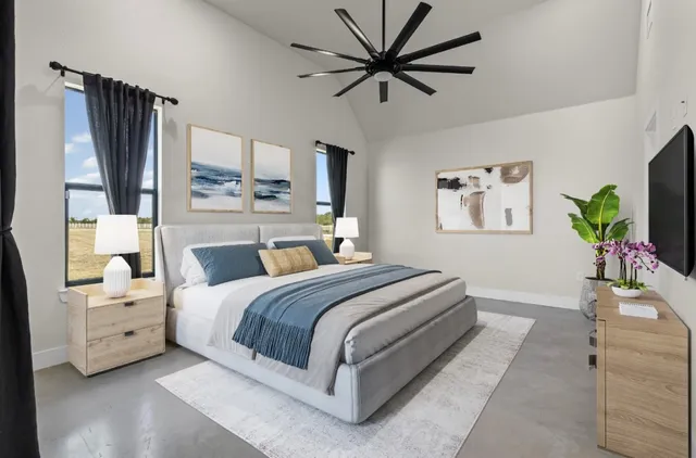 an empty room with windows and closet