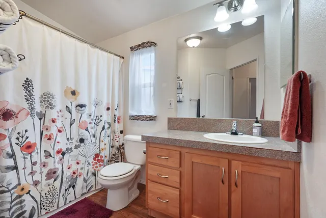 a bathroom with a granite countertop sink a toilet and a mirror