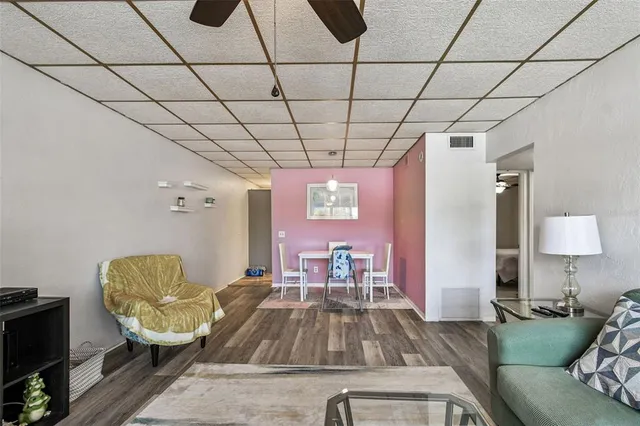 a view of a dining room with furniture