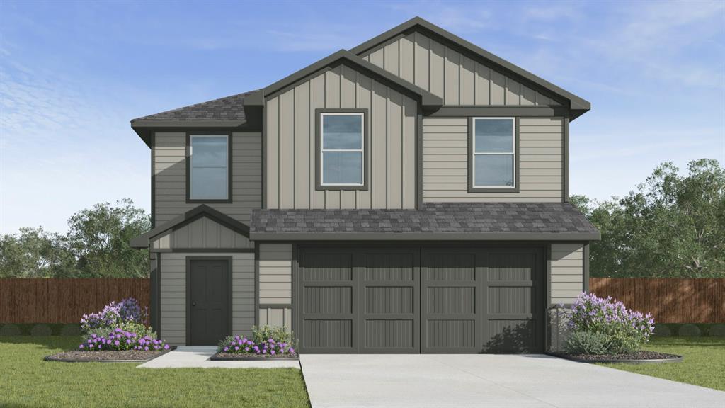 Two-story residence featuring a two-car garage, multiple gables, and a mix of vertical and horizontal siding