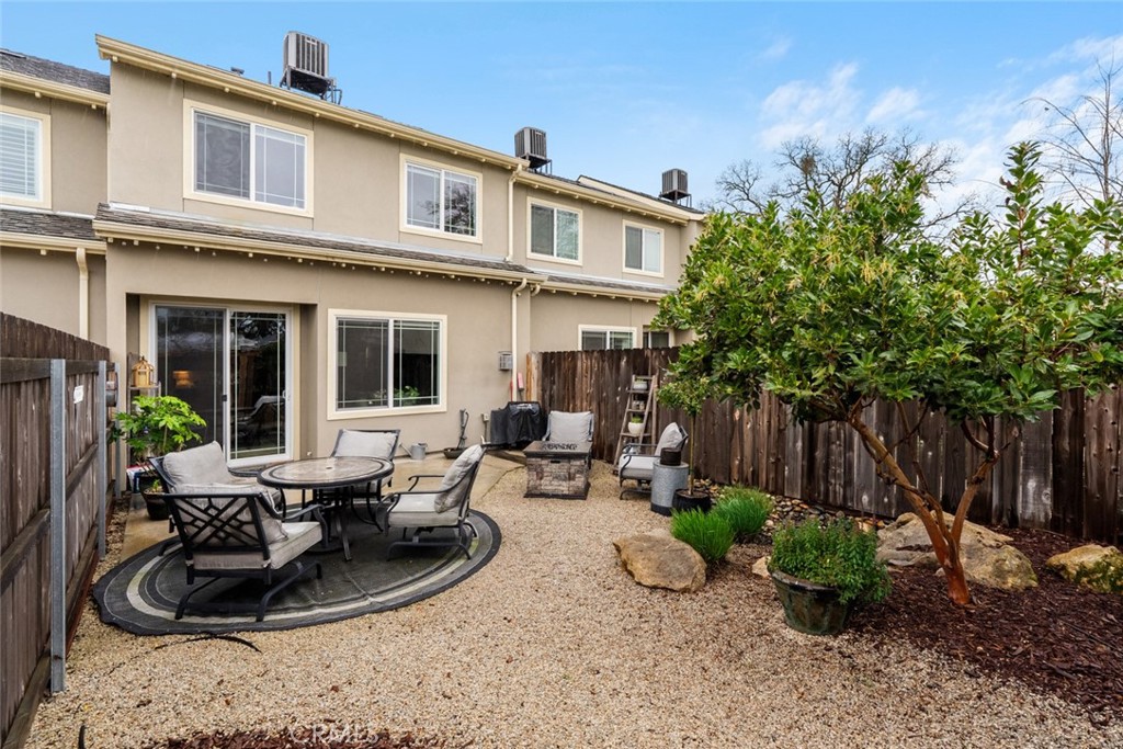 55 8th Street Templeton, CA 93465 - Photo 23 of 33 a view of a backyard with table and chairs potted plants and wooden fence