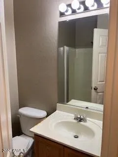 a bathroom with a sink toilet and mirror