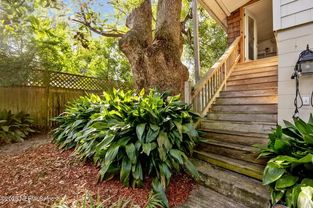 a view of a yard with plants and wooden fence