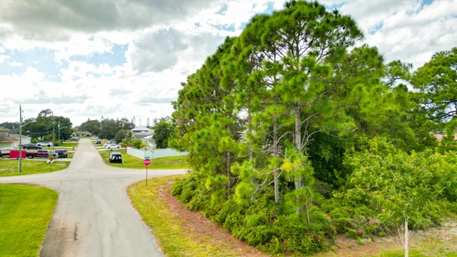 an aerial view of a house with a garden