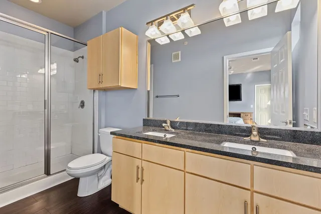 a bathroom with a granite countertop sink a toilet and a large mirror
