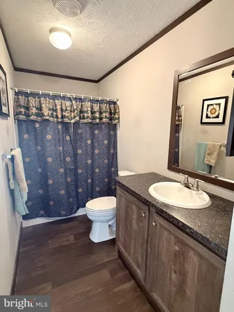 a bathroom with a toilet sink vanity granite and mirror