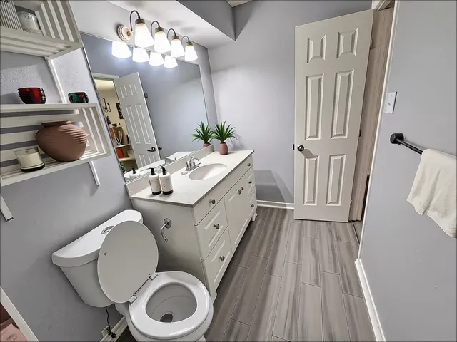 a bathroom with a sink mirror and toilet