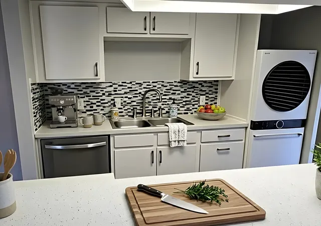 a kitchen with white cabinets and appliances