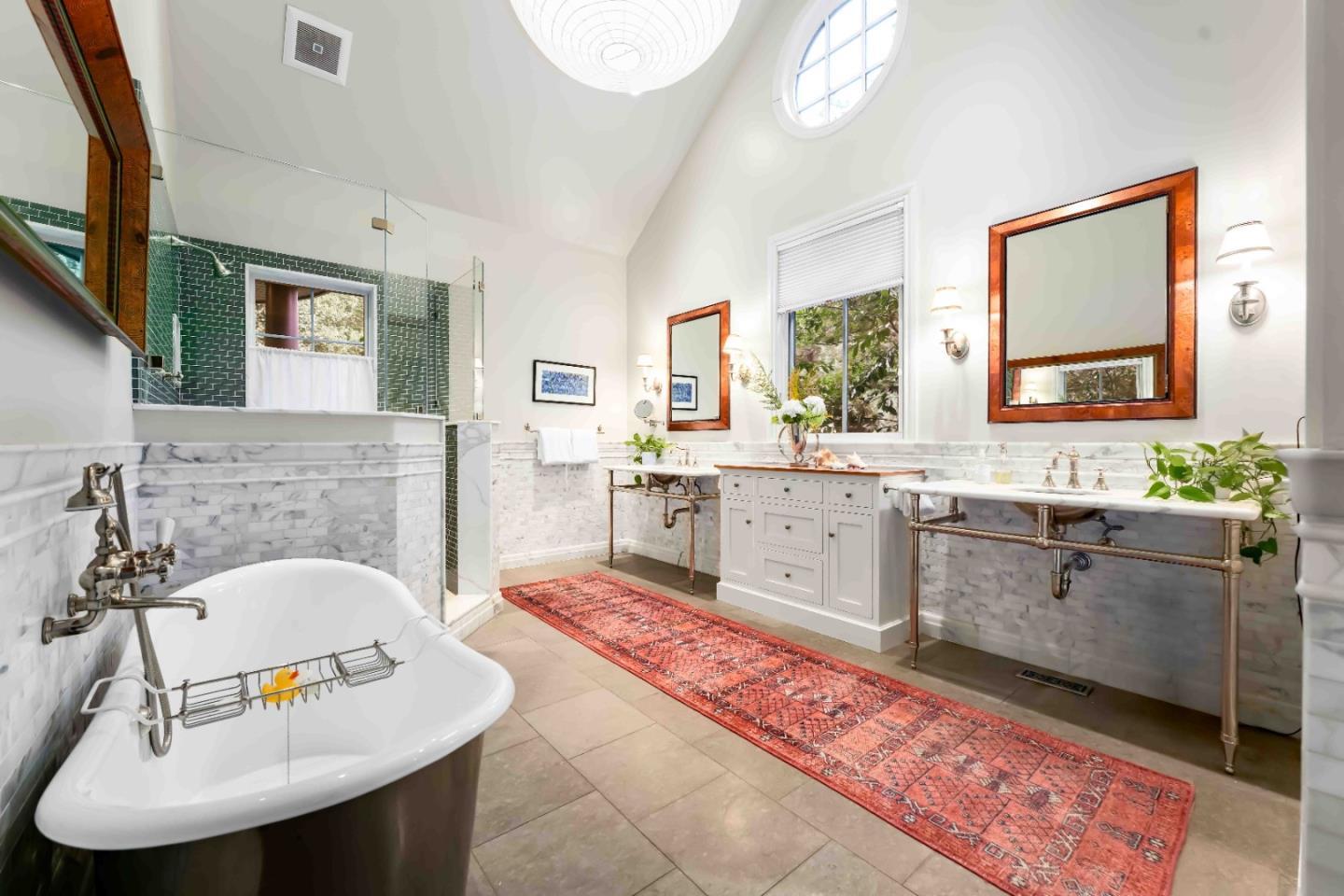 160 Phillip Road Woodside, CA 94062 - Photo 17 of 51 a spacious bathroom with a sink double vanity granite and a mirror