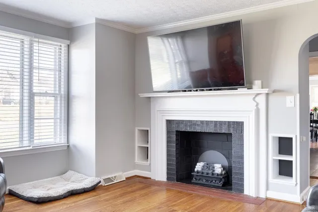 a living room with furniture and a fireplace