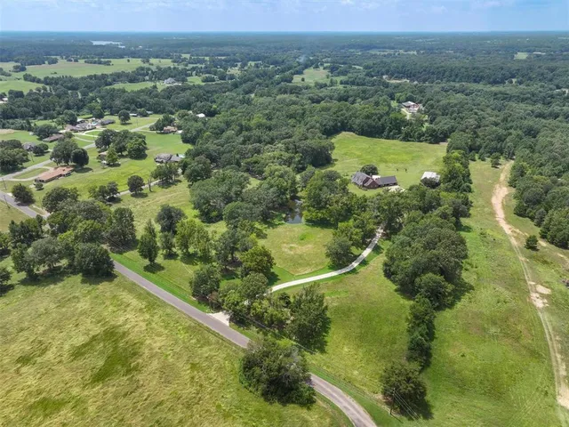 an aerial view of residential houses with outdoor space and trees