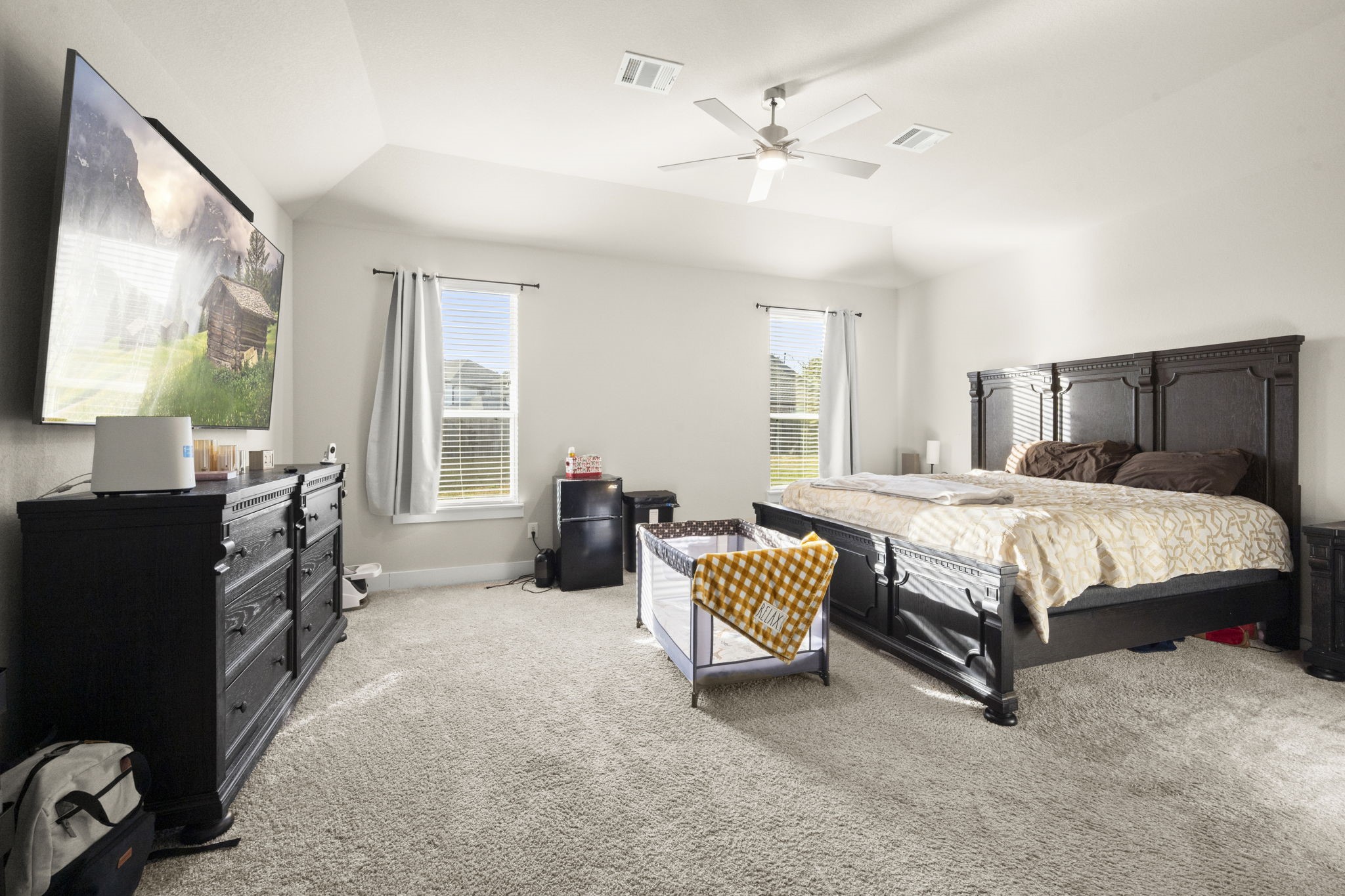 24715 Native Forest Spring, TX 77373 - Photo 19 of 37 Spacious and bright master bedroom with neutral tones, featuring a large bed, dark wood furniture, and a ceiling fan. Two windows provide natural light, and plush carpeting adds comfort.