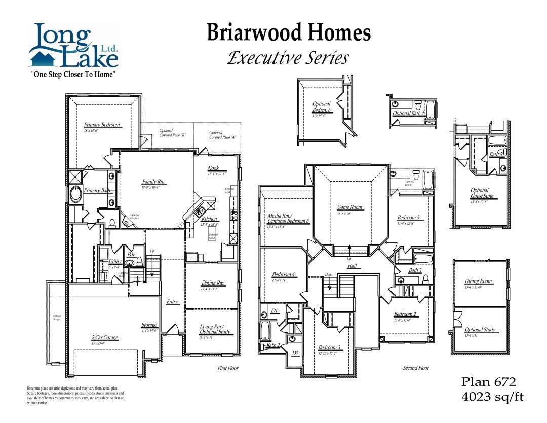 24715 Native Forest Spring, TX 77373 - Photo 37 of 37 This floor plan from Briarwood Homes, Executive Series, spans 4,023 sq ft across two floors. It features a spacious first floor with a primary bedroom suite, a large family room, kitchen, dining areas, and a two-car garage. The second floor includes multiple bedrooms and bathrooms, a game room, and options for an extra guest suite and study.