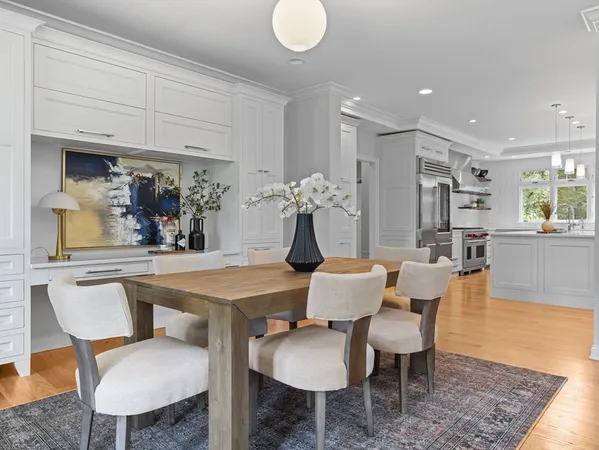 a view of a dining room with furniture