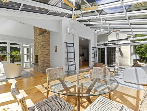 a view of a dining room with furniture