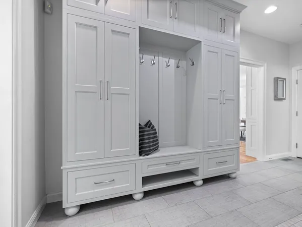 a bathroom with a vanity and mirror