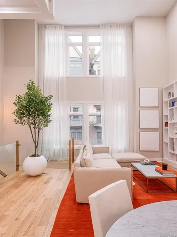 a living room with furniture and a potted plant