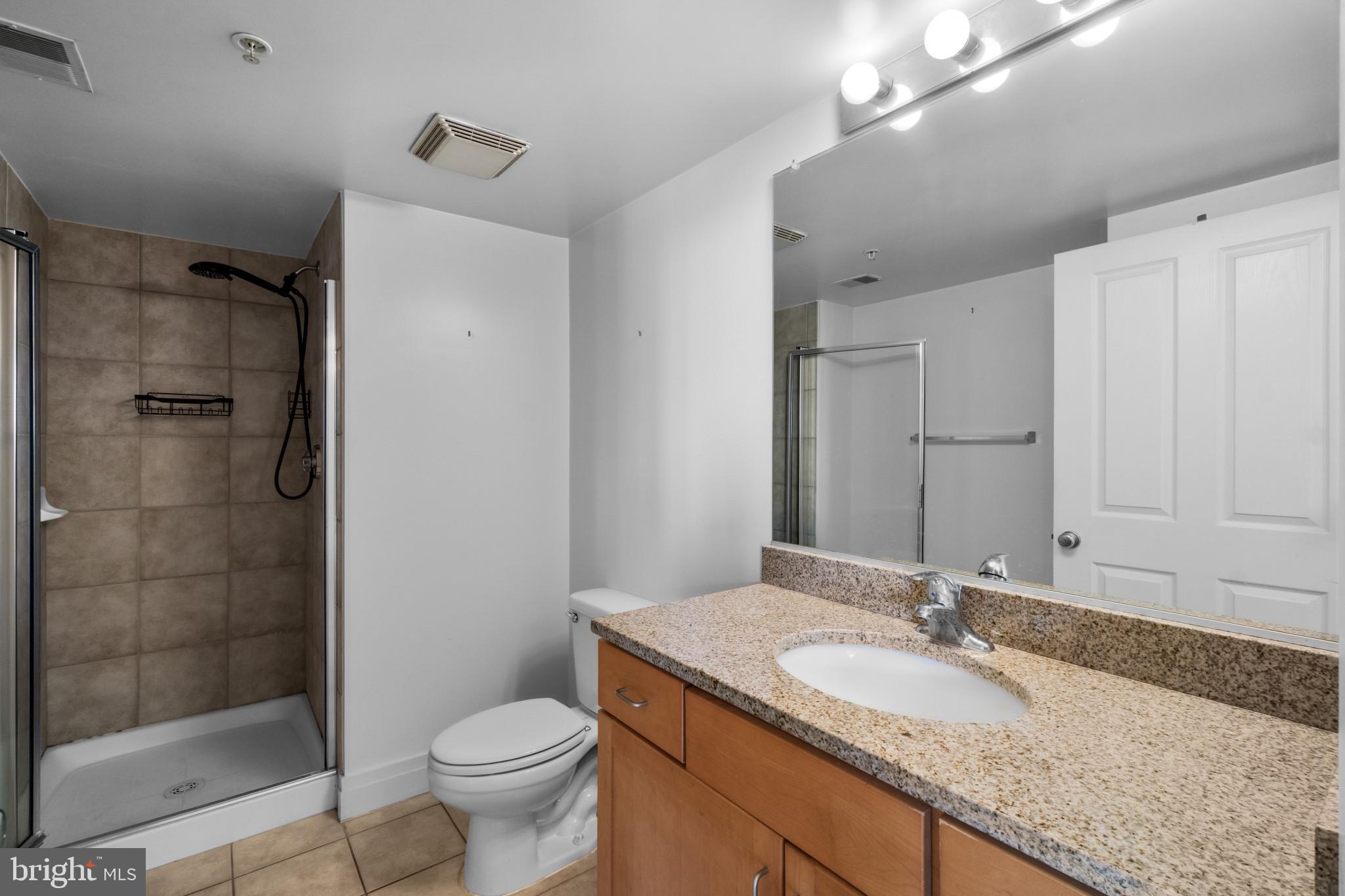 414 Water Street, Unit 1315 Baltimore, MD 21202 - Photo 23 of 30 a bathroom with a granite countertop sink a toilet a mirror and shower