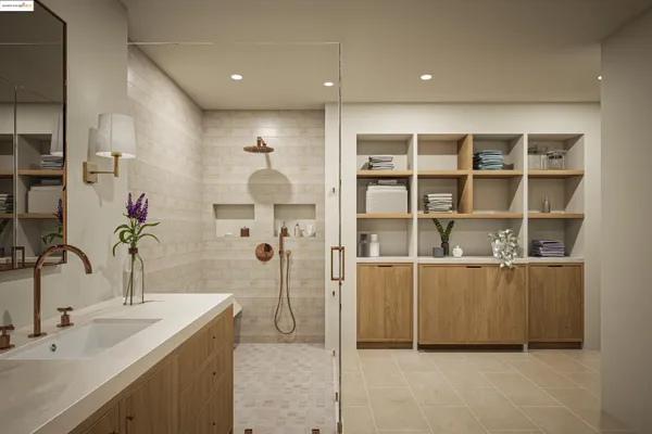 a bathroom with a double vanity sink a mirror and shower