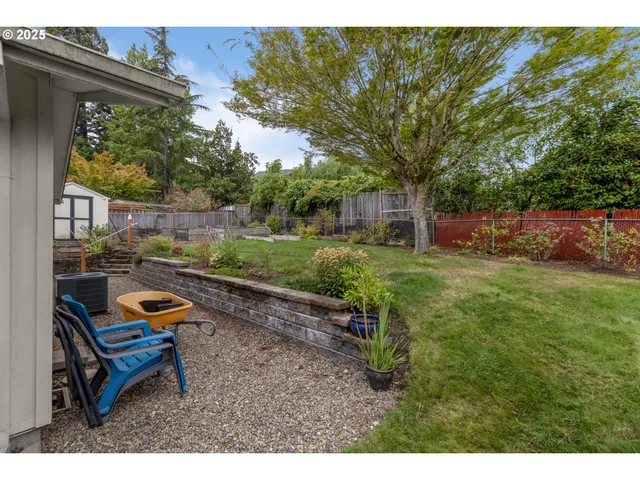 a backyard of a house with table and chairs