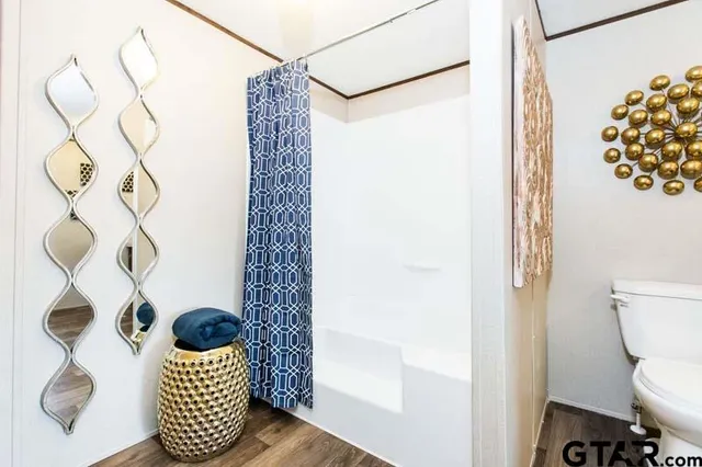 a bathroom with a toilet and shower curtain