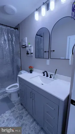 a bathroom with a double vanity sink toilet and a mirror