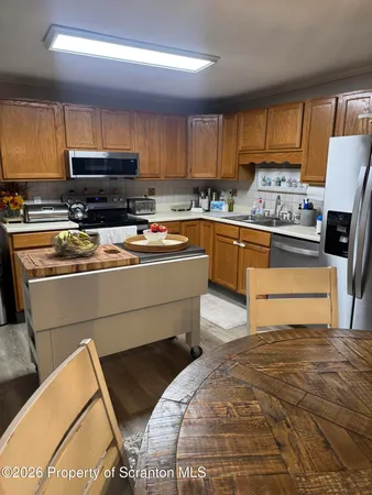 a view of a dining room with furniture
