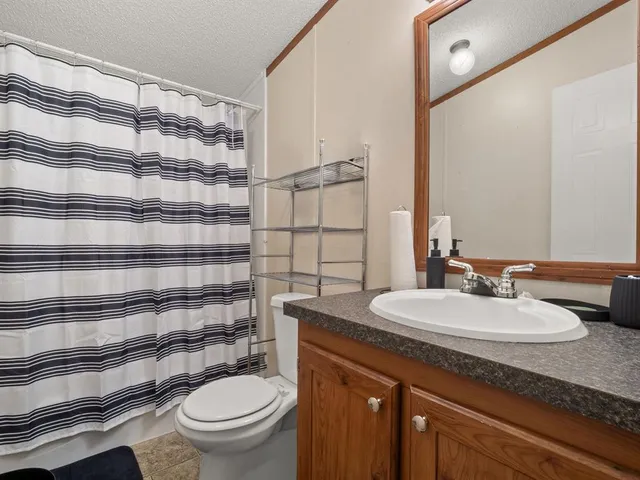 a bathroom with a granite countertop sink a toilet a mirror and shower curtain