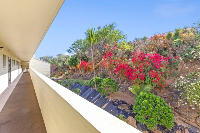 a view of a flower garden with a building in the background