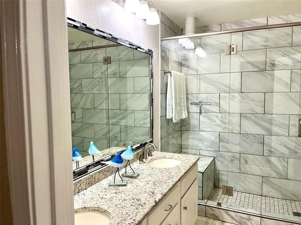 a bathroom with a granite countertop shower a sink and vanity