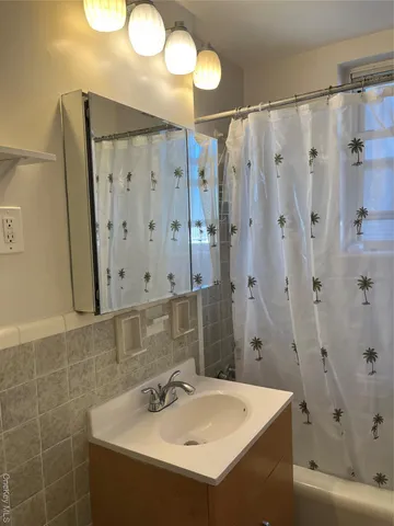 a bathroom with a sink mirror and a shower