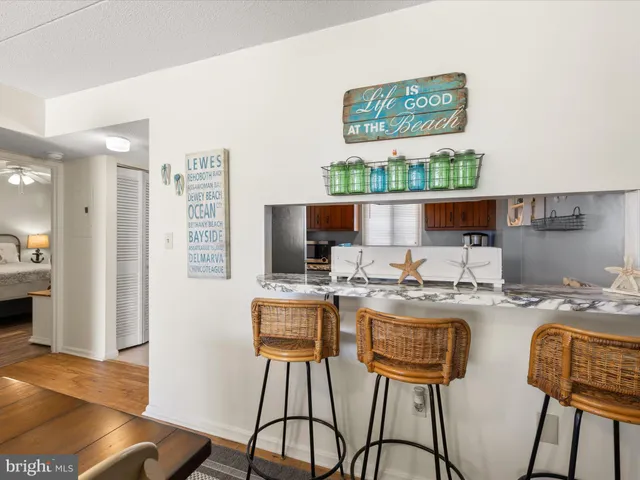 a view of a dining room with furniture