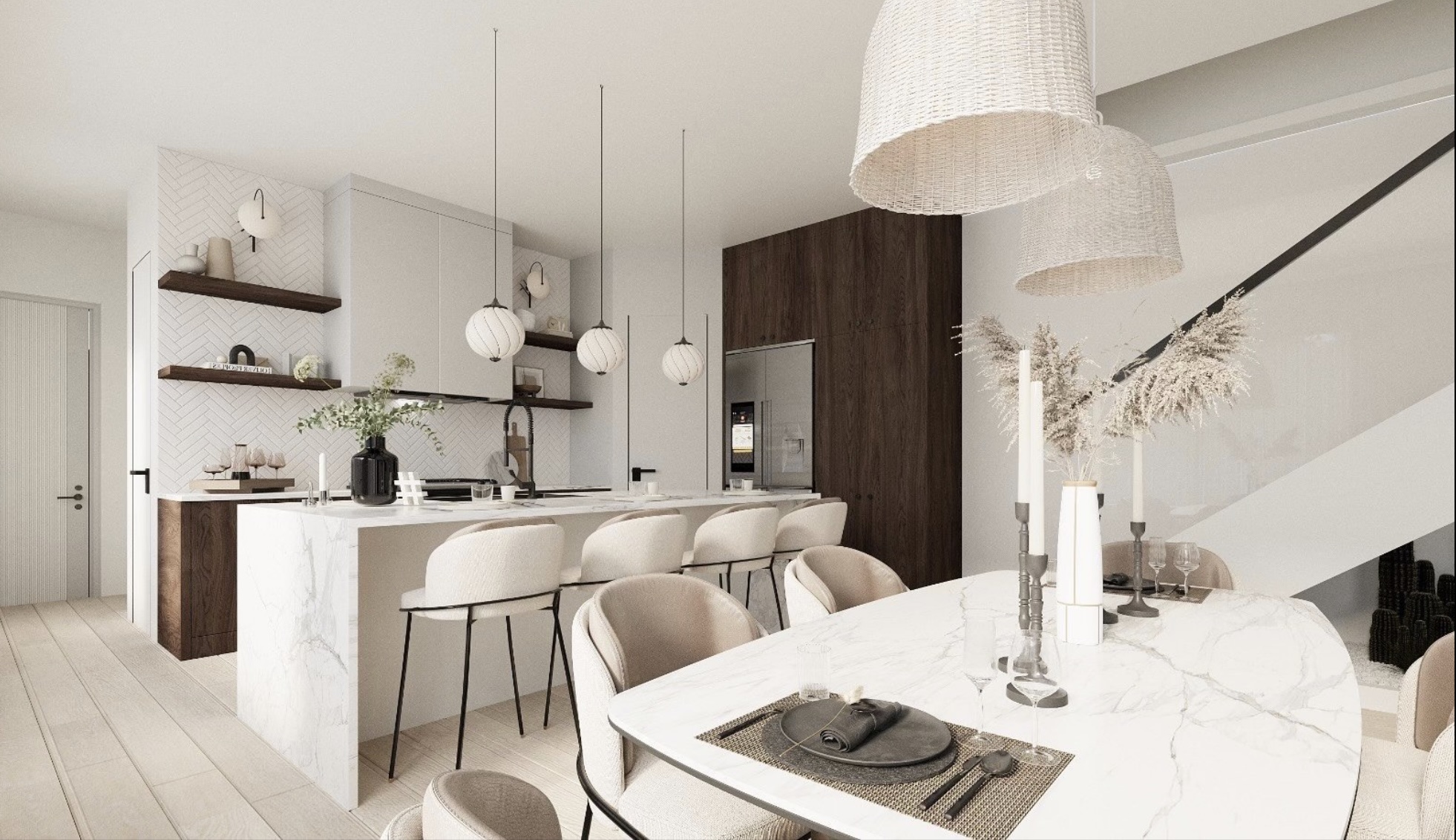 1610 Harvey Street, Unit B Austin, TX 78702 - Photo 3 of 6 Kitchen with modern cabinets, open shelves, dark wood finish cabinets, a kitchen bar, and light stone counters