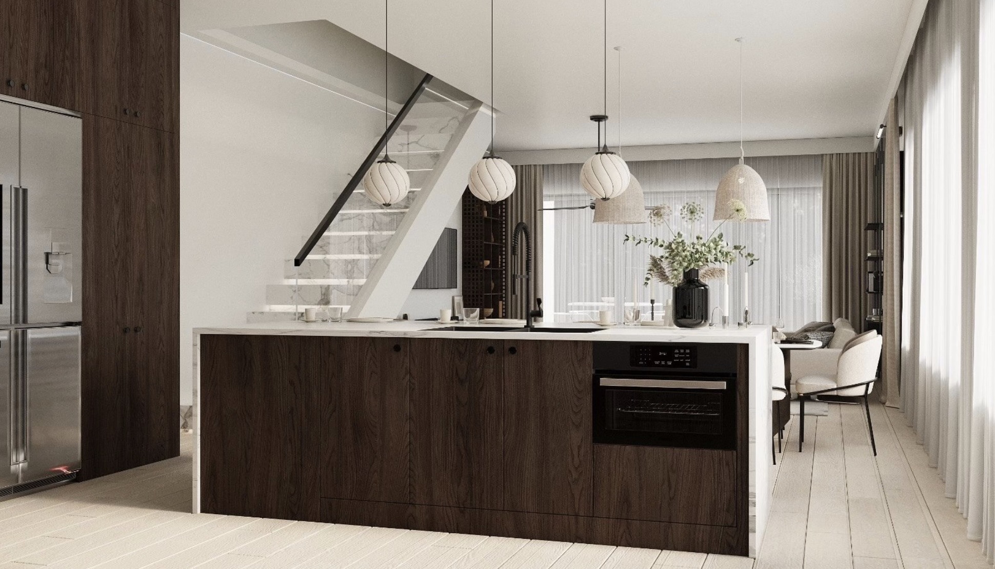 1610 Harvey Street, Unit B Austin, TX 78702 - Photo 5 of 6 Kitchen featuring modern cabinets, dark wood finish cabinetry, light wood finished floors, decorative light fixtures, and black oven