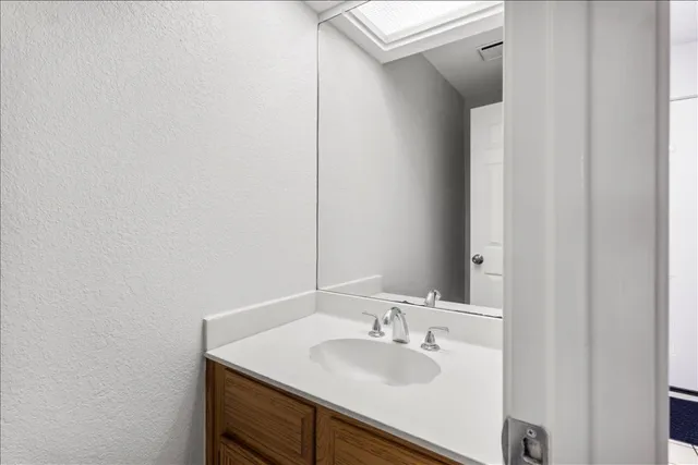 a bathroom with a sink vanity and a mirror