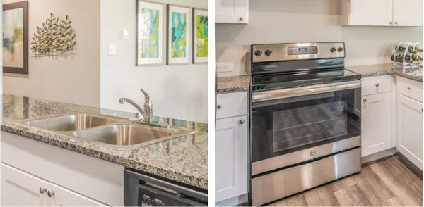 a kitchen with stainless steel appliances granite countertop a stove a sink and white cabinets