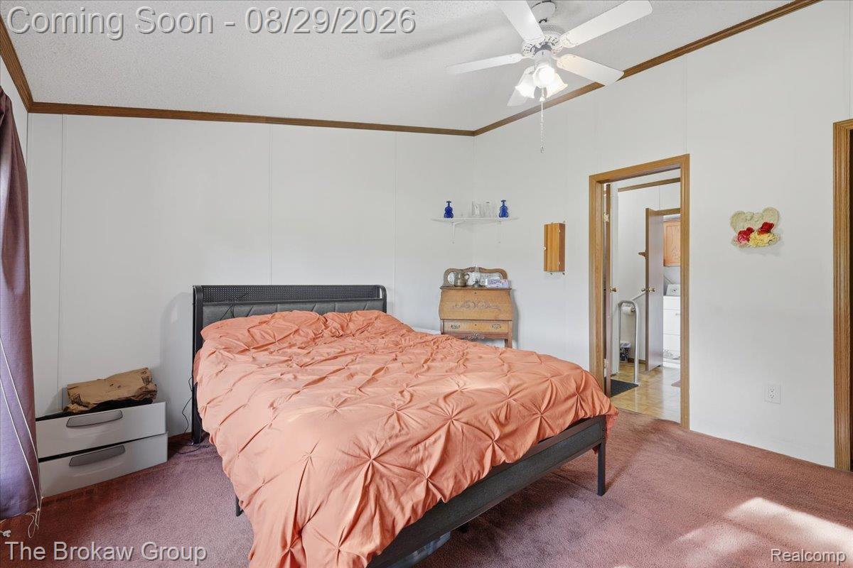 5189 North Webster Road Flushing, MI 48433 - Photo 28 of 46 Ceiling fan with light fixture, wood trim accents, panel walls, and carpet flooring