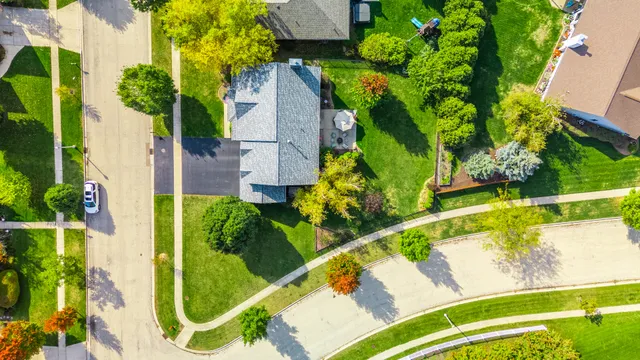 an aerial view of a swimming pool with a yard and plants