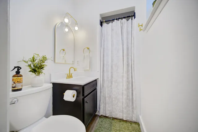 a bathroom with a sink a toilet and shower curtain