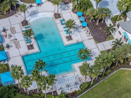 an aerial view of a house with a garden