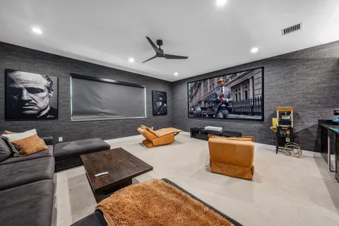 an aerial view of a house with a big yard