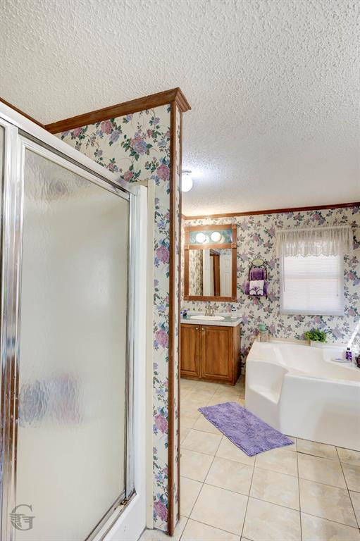 8839 Sebastian Road Keithville, LA 71047 - Photo 21 of 40 Bathroom featuring a glass-enclosed shower, a built-in soaking tub, a vanity with wood-finish cabinetry, and tiled flooring