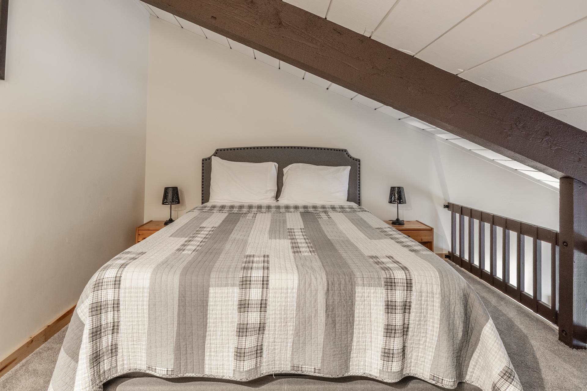 150 Sierra Park Road, Unit 6 Mammoth Lakes, CA 93546 - Photo 18 of 31 Bedroom with carpet and vaulted ceiling with beams